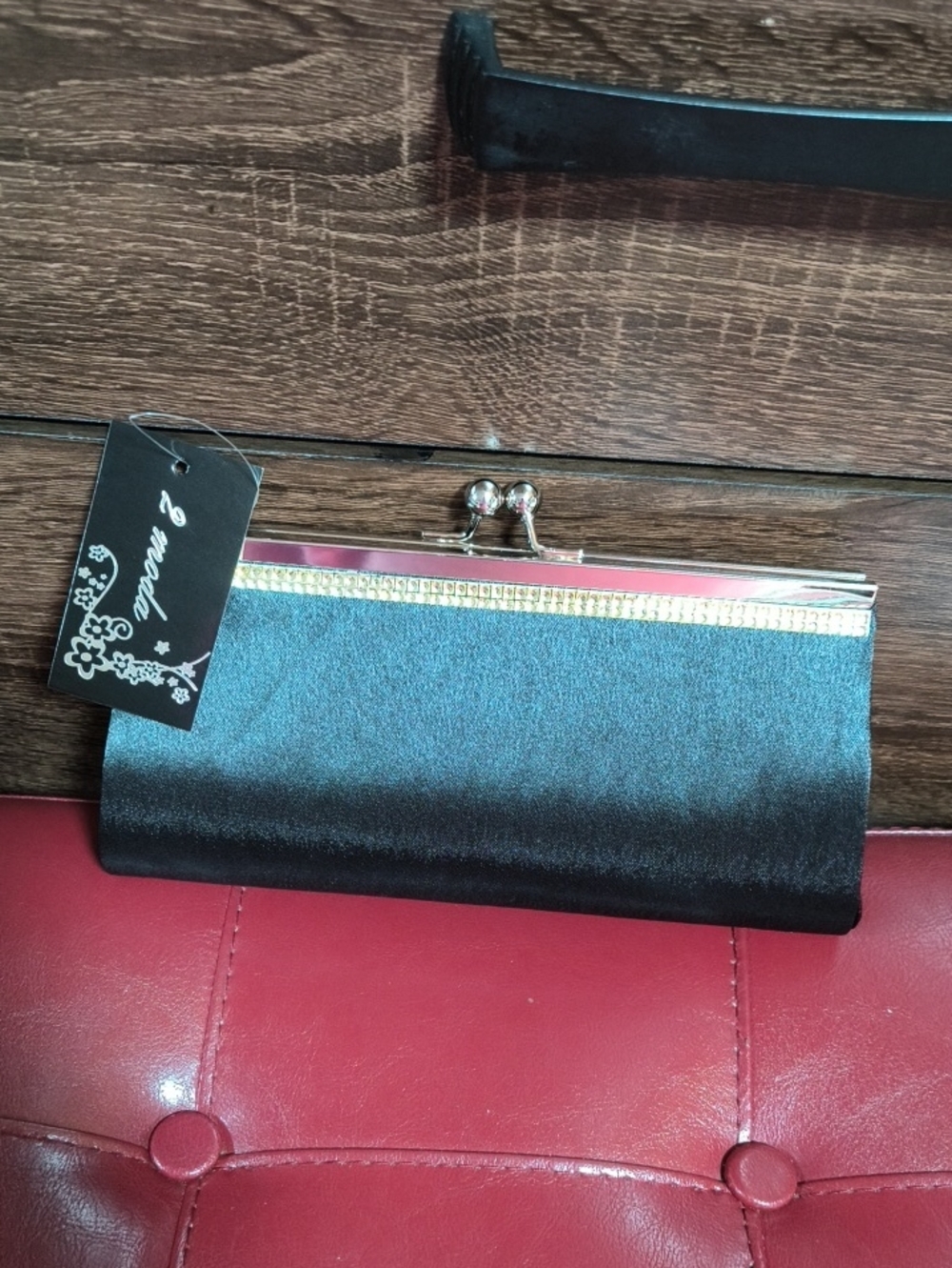 Black Satin Kiss-Lock Clutch with Metallic Accent